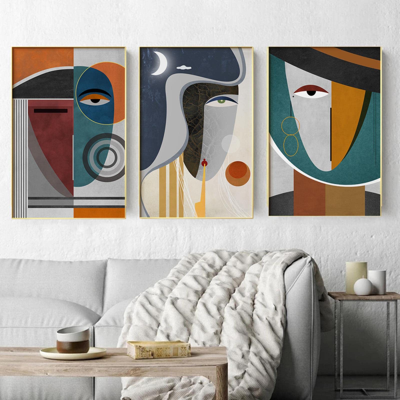 Abstrait géométrique visages moderne triptyque sans cadre pour mur vide - 8