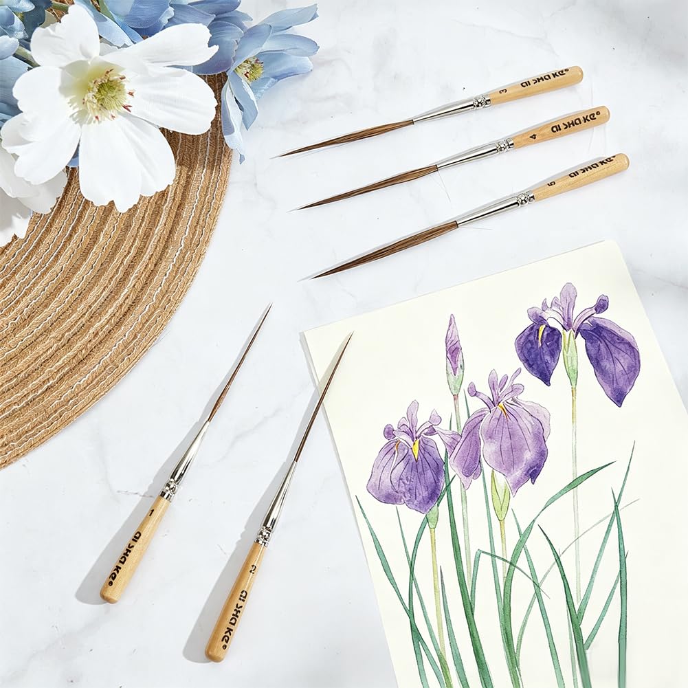 Set di 5 pennelli lunghi in nylon, con manico in legno di Burlywood, per lavori di pinstriping, scorrimento, contorni, bordi dei bordi, disegno ad acquerello