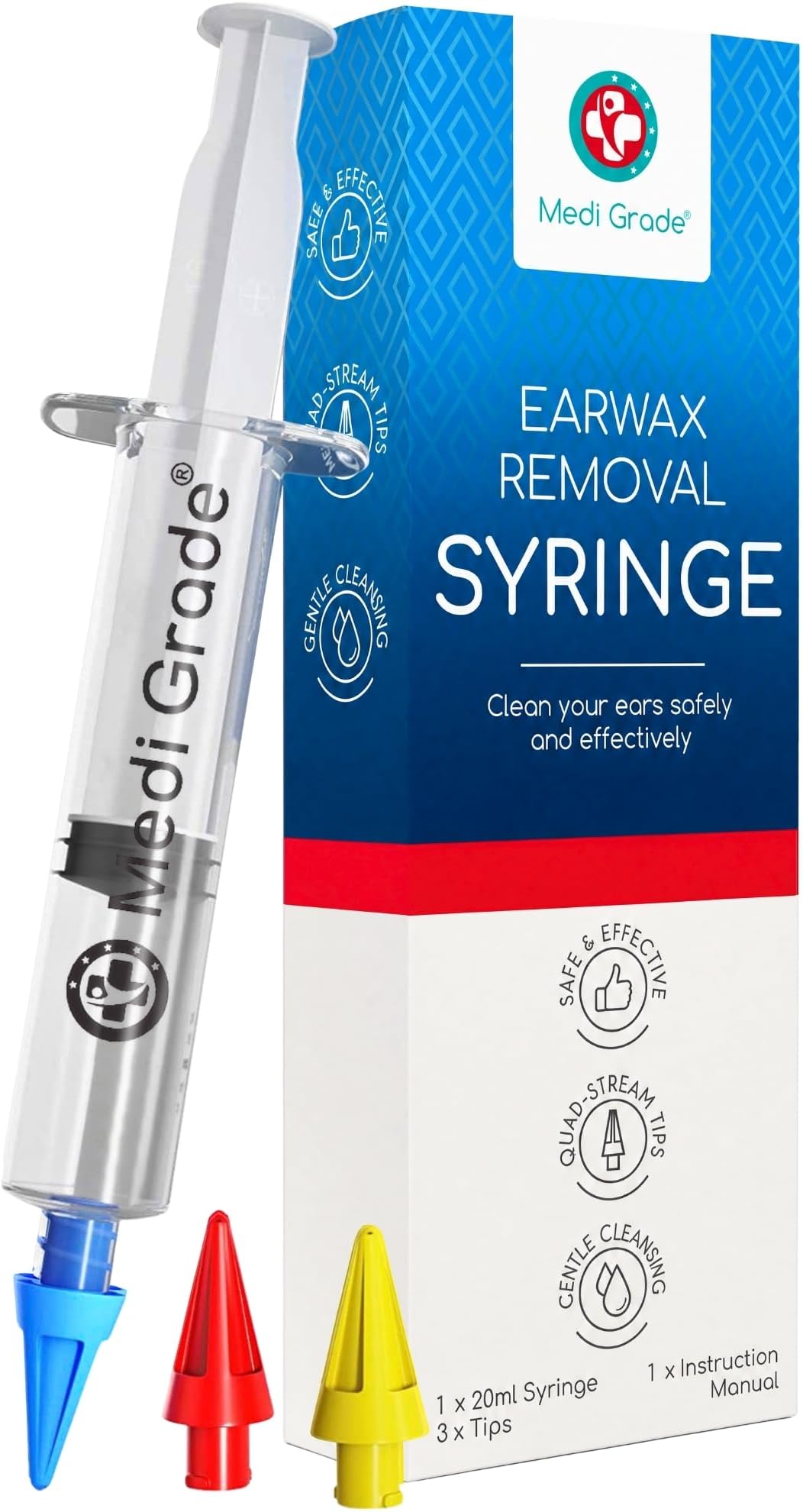 Medi Grade Ear Syringe Ear Wax Removal with 3 Quad-Stream Tips - Water Irrigation Ear Cleaner Ear Wax Remover for Hearing Clarity and Aural Hygiene - Ear Syringe Kit Earwax Remover Tool - 0.67 fl oz