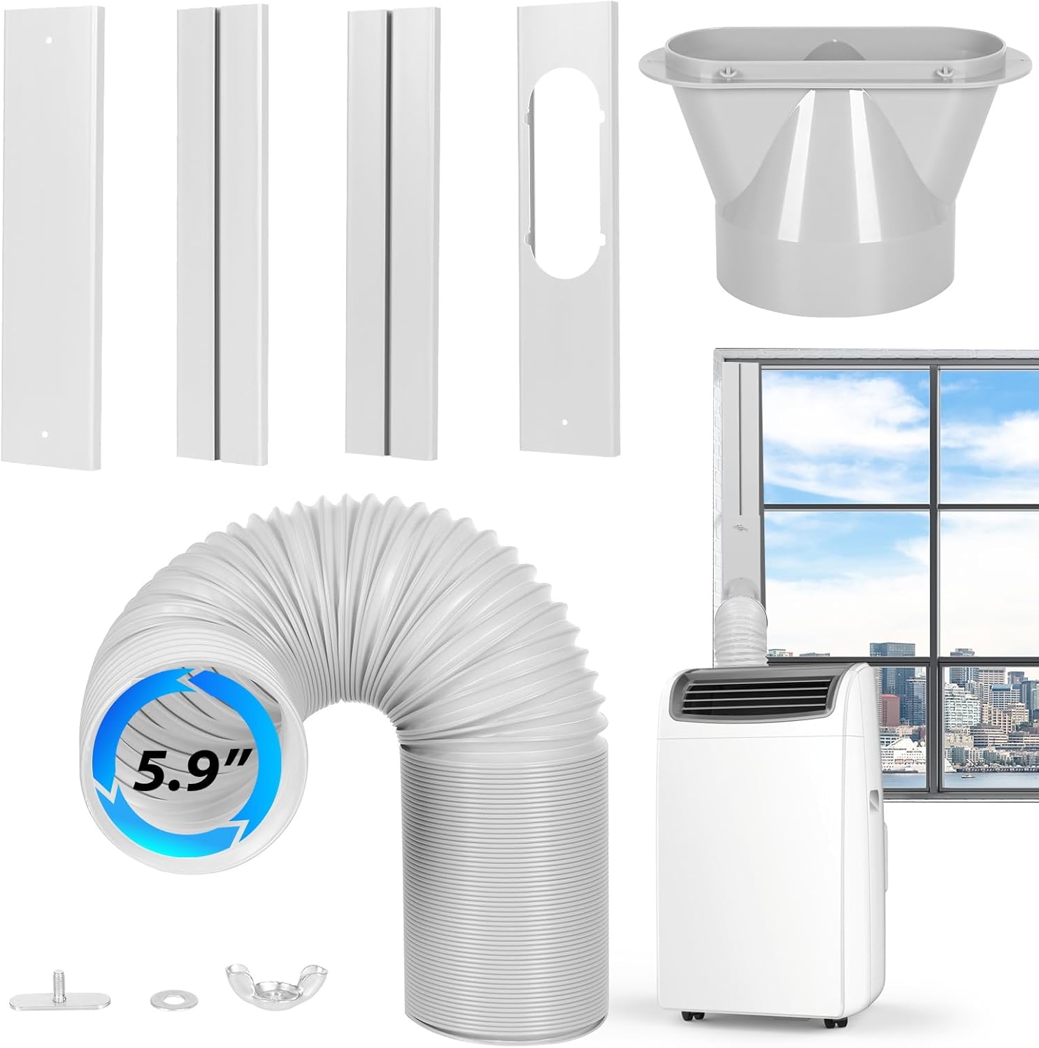 Portable AC Window Vent Kit with 5.9" Exhaust Hose Universal Portable Air Conditioner Window Seal Kit Adjustable 59 Inch Length Exhaust Hose for Sliding Horizontal&Vertical Windows
