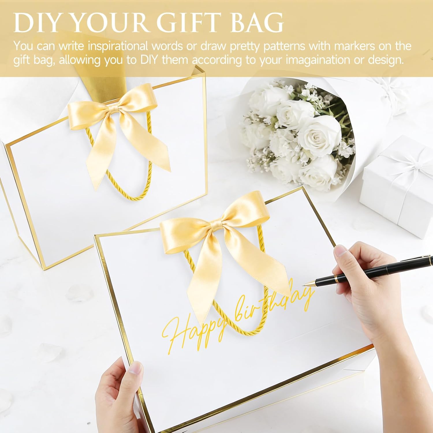 Ethhqu Fancy Large Gift Bags with Handles, 2 Pack 12.6x10x4 Inches - Includes Tissue Paper & Cards for Birthday, Valentine's Day, Baby Shower, Wedding, Anniversary & Holiday Gifts (White and Gold) - Image 6
