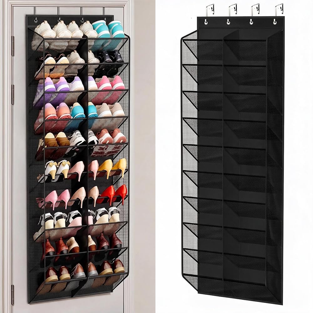 Peldris 30 Pairs Over Door Shoe Storage, Black Folding Hanging Shoe Storage with 20 Deep Pockets, 10-Tier Hanging Shoe Rack, Door Shoe Rack Fit All Family's Sneakers, Boots and Heels