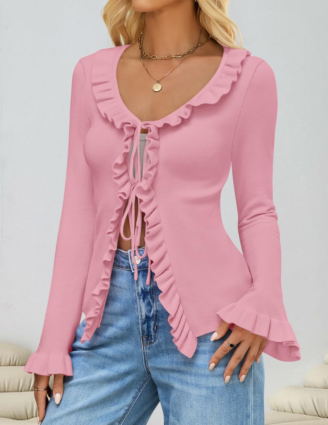 ZESICA Womens 2026 Fall Tie Front Bow Cardigan Sweaters Long Bell Sleeve V Neck Ruffled Knit Cropped Trendy Tops - Image 9