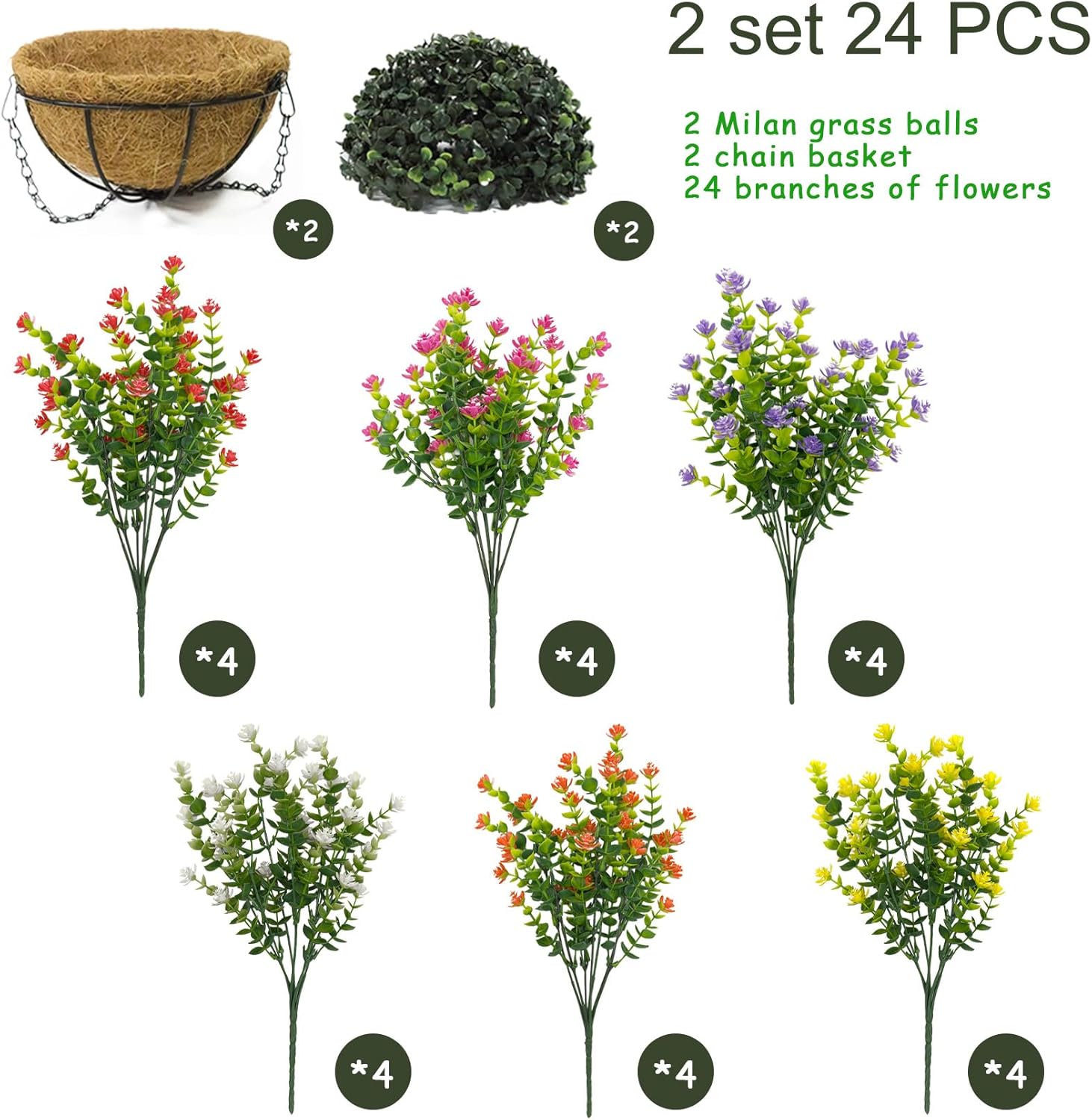 Artificial Hanging Plants Flowers with Basket 2 Packs, Artificial Hanging Flowers for Outdoors, Faux Hanging Plants Outdoor, Yellow+Purple+White+Orange+Pink+Red