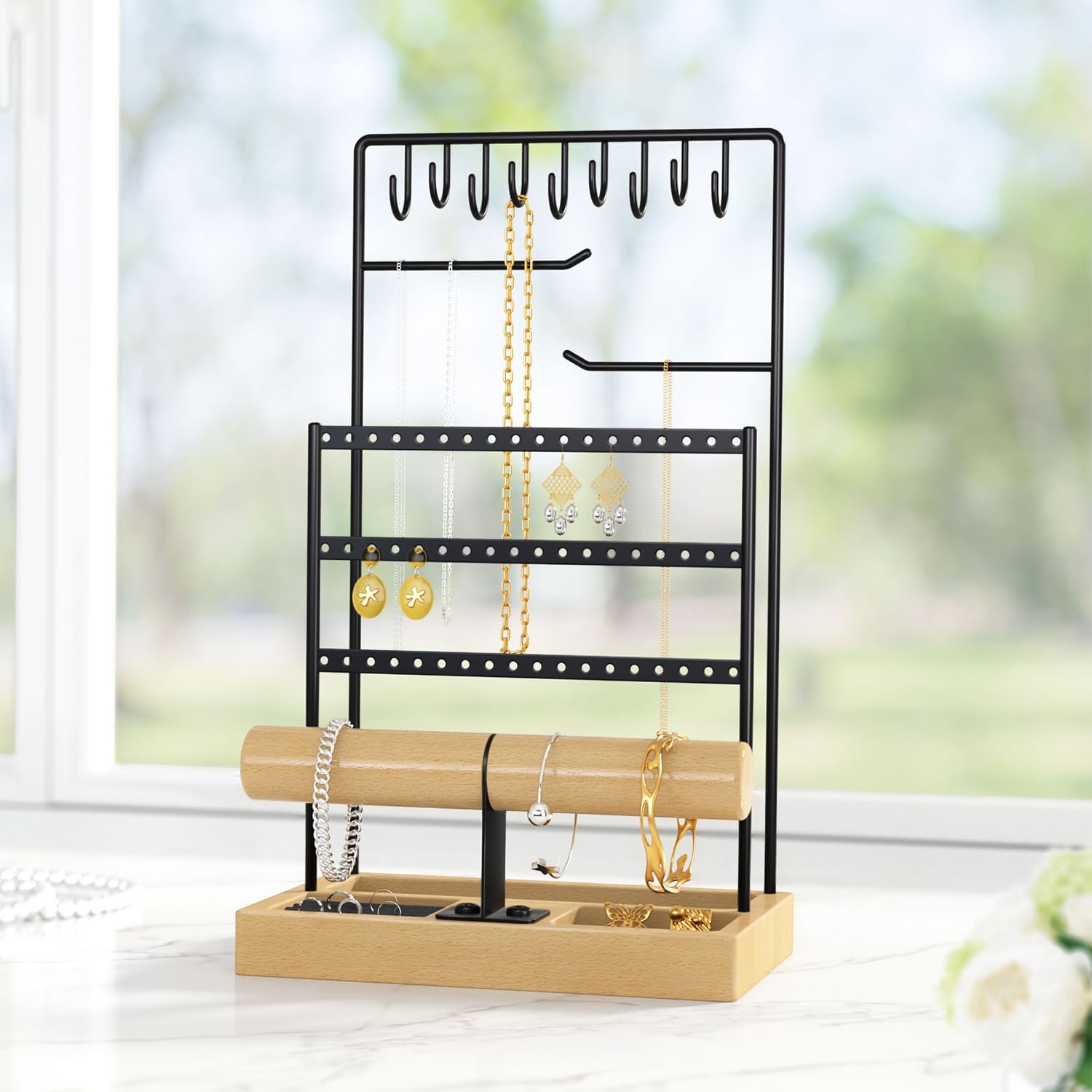 niffgaff Jewelry Holder Earring Display Stand: Jewelry Organizer Stand Earring Display Bulk Earring Storage Bracelet Organizer Wooden Base Aesthetic-Beech Wood image 2