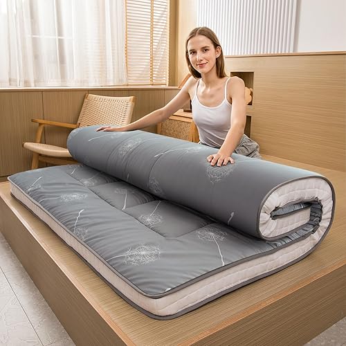 MAXYOYO Futon Mattress Japanese Floor Mattress, Extra Thick Dandelion Pattern Bed Mattress Topper, Quilted Folding Sleeping Pad Breathable Floor Lounger Guest Bed for Camping, Grey, Full