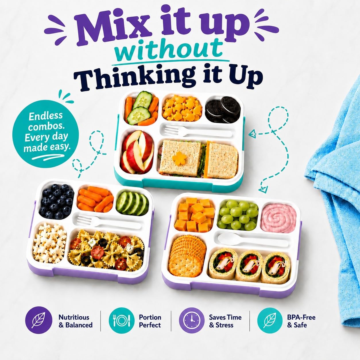 Bento-Box zestaw 2 pudełek na lunch, szczelne pojemniki na porcje do przygotowywania posiłków dla dzieci i dorosłych, do pracy lub szkoły, na lunch i przekąski, nie zawiera BPA, fioletowy