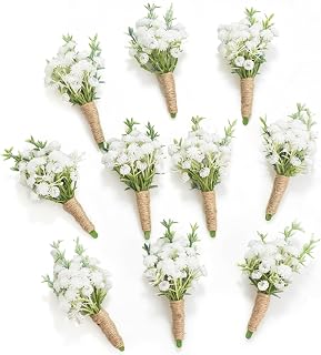 Baby Breath Boutonnieres for Men Wedding, 10Pcs, Natural White