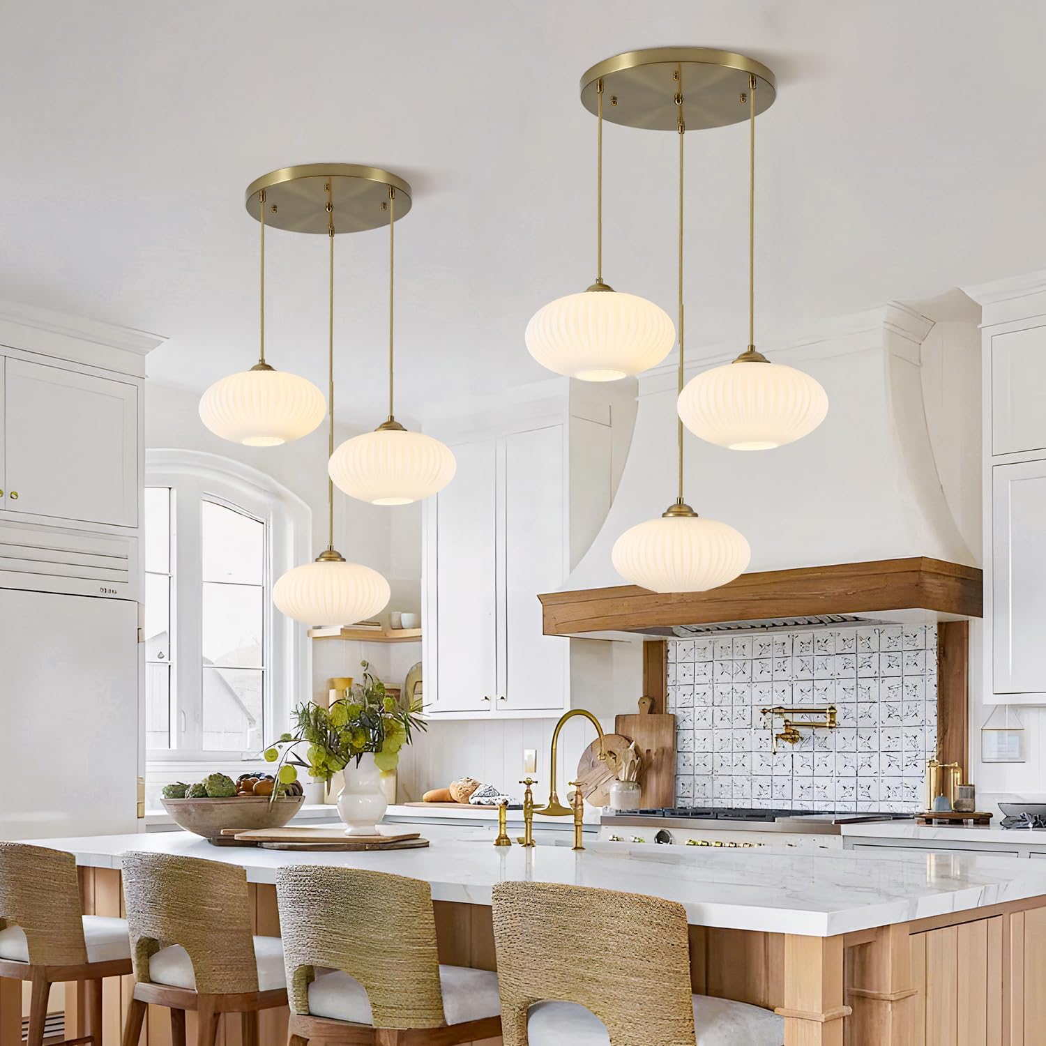 KCO Lighting 3 Light Cluster Pendant Lighting Modern Kitchen Pendant Lighting Gold Globe Chandelier Light Fixture Large Milk Glass Chandelier Flush Mount Ceiling Light for Dining Room Living Room