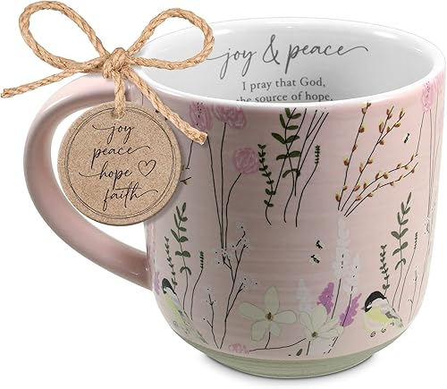 Lighthouse Christian Products Joy & Peace - Taza de café de cerámica de 18 onzas con diseño floral rosa