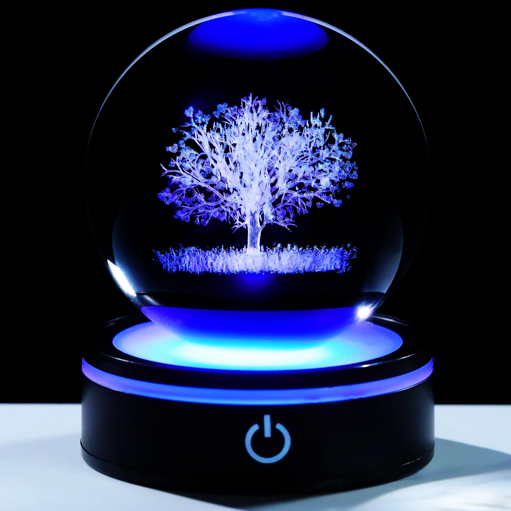 YWHL 3D Crystal Tree of Life Figurines Ball with Colorful Light Base, Tree of Life Gifts for Women Men, Birthday Gift for Nature Lovers, Art Collection Decor (80mm)