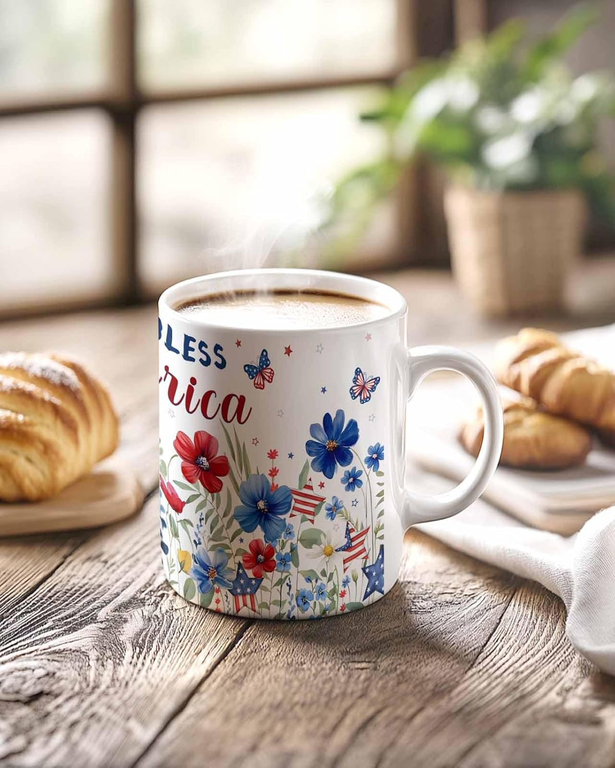 BEMIGO Ceramic Coffee Mug Red Blue Flower Butterfly Ceramic Mug White Cup, 4th of July Patriotic Star Insulated Coffee Cup with Handle with Pattern Perfect for Tea and Hot Beverages, 12oz
