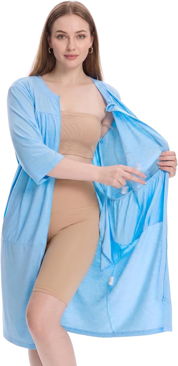 Women's Post Surgery Robe with Drain Pockets Mastectomy Recovery Robe Front Zipper Hospital Gown Pajamas Gift
