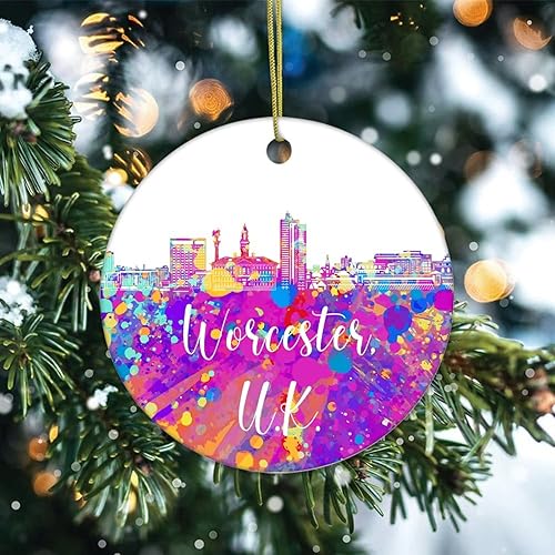 Miniatura 2 de Two-Side Printed United Kingdom-Worcester Ceramic Christmas Ornament, Novelty for Family Friends Kids, Colorful City Painting Christmas Keepsake