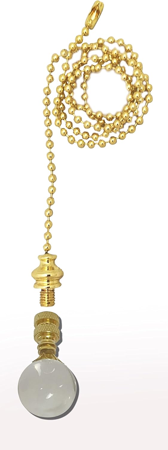Royal Designs Celling Fan Pull Chain Beaded Ball Extension Chains with Decorative Medium Clear Crystal, Polished Brass