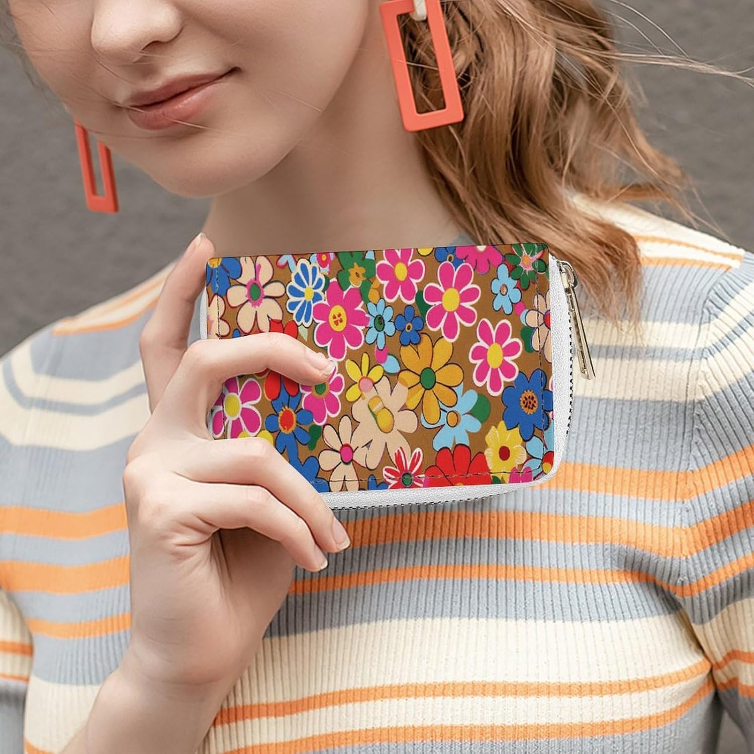 Leather Card Organizer Case Card Wallet Credit Card Holder Bright Flower Style Printed Zipper Card Cases Holder for Women Men