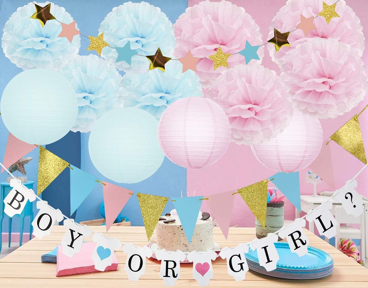 HappyField Gender Reveal Party Decorations BOY OR GIRL Banner Glitter Gold Pink Blue