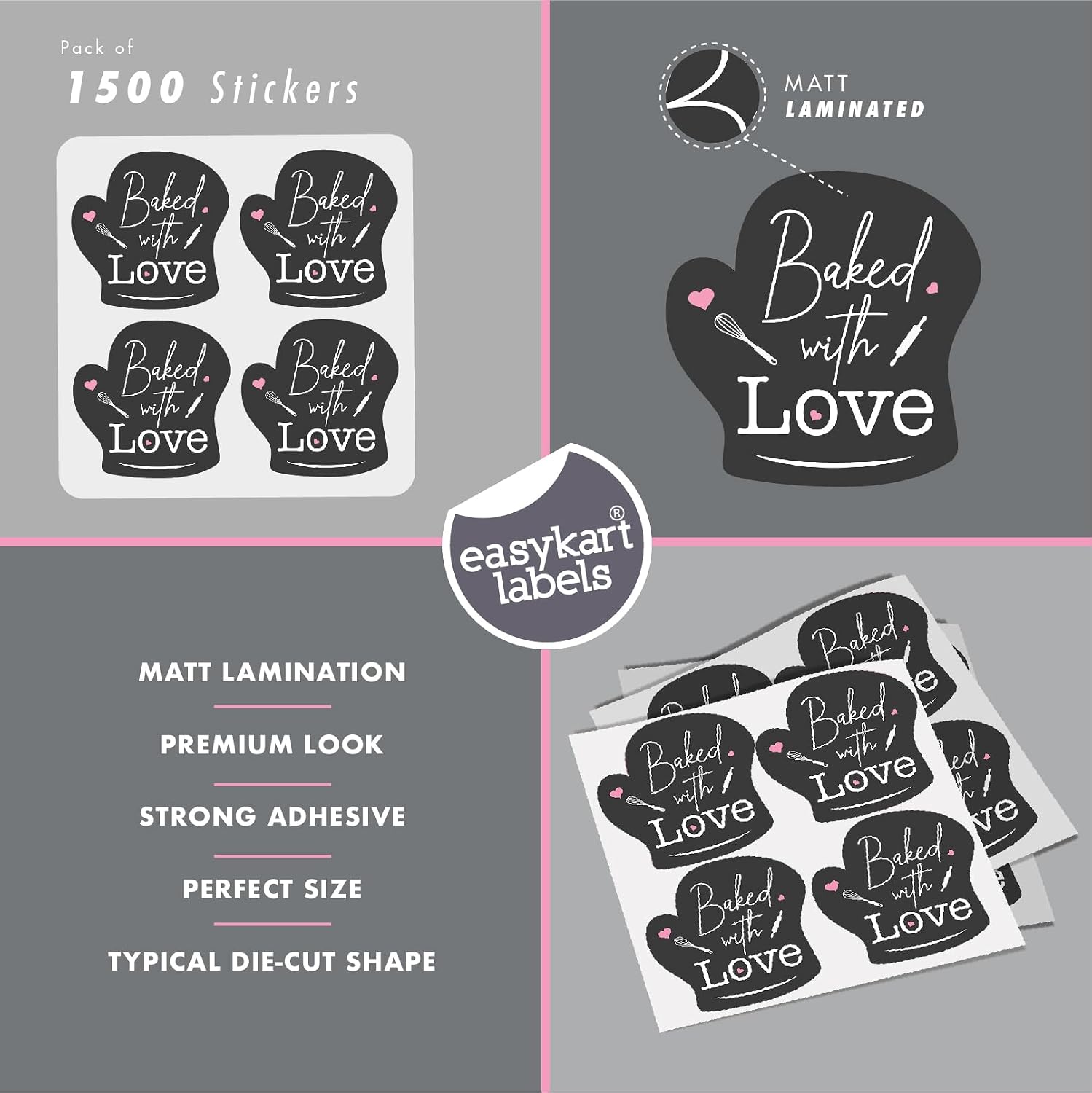 easykart labels 1500 Baked with Love Stickers in Sheets, Dark Grey Color in Hand Gloves Die Cut Design | 2" x 2" Inch Size Highly Recommended for All Bakeries and Baked Products ..
