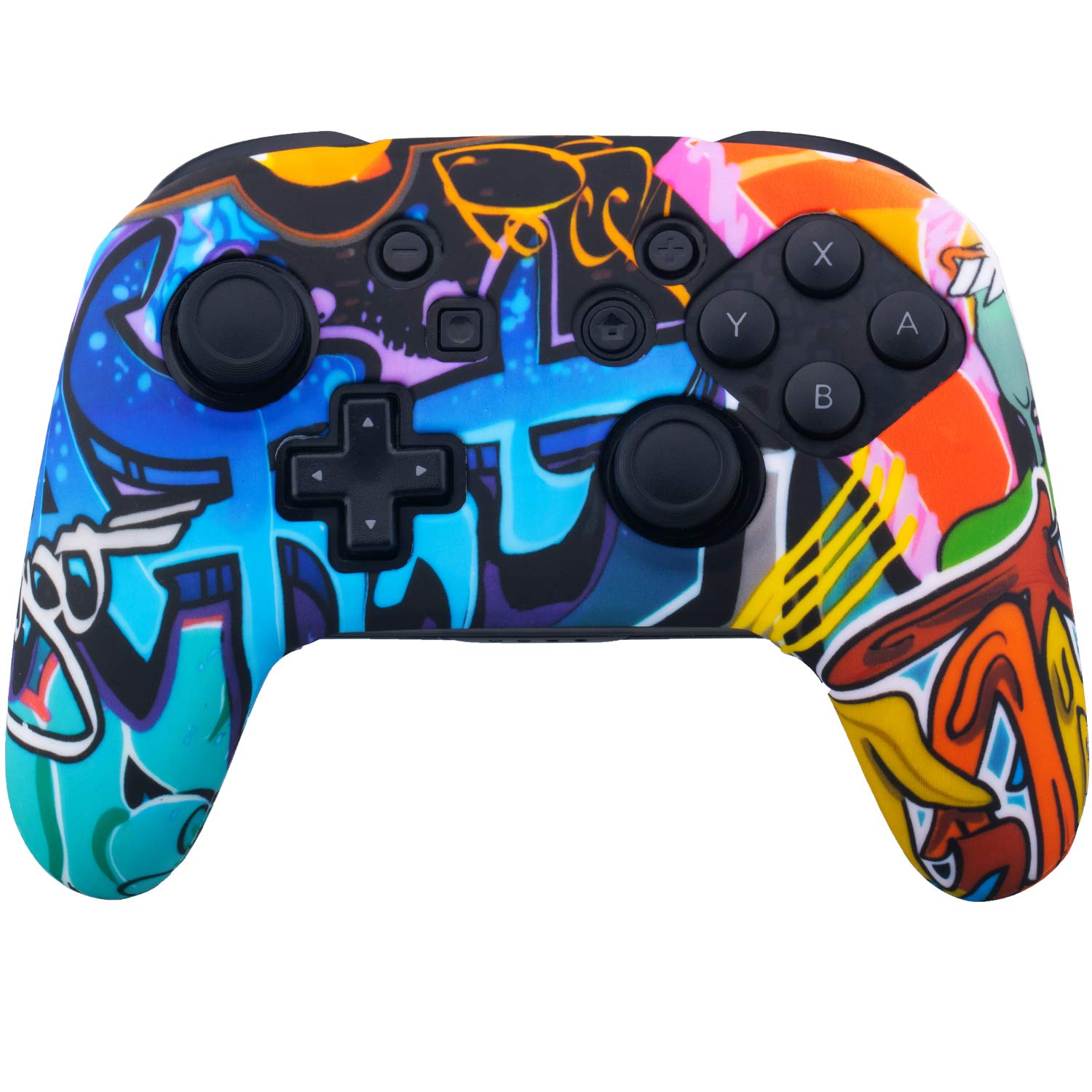 YoRHa Coque de protection en silicone avec impression par transfert studded - Uniquement pour manette officielle Switch Pro x 1 (graffiti comique) - Avec embouts Pro - 8 poignées de pouce