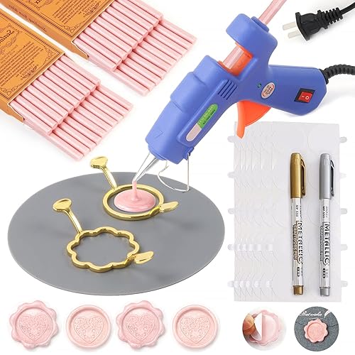 Juego de sellos de cera, 40 varillas de cera de sellado rosa perla con pistola de pegamento, moldes de sellado de cera, alfombrilla de silicona,