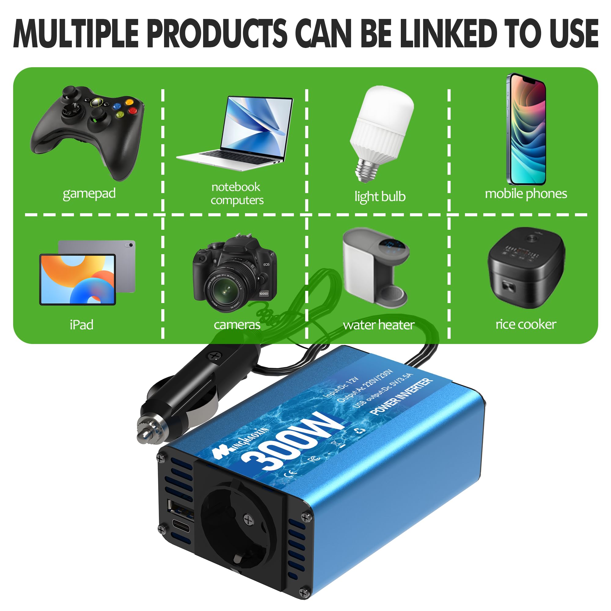 300W Wechselrichter 12V auf 230V Spannungswandler | TYPE-C & USB Anschluss, Autostecker Adapter, Steckdosenkonverter, Für Roadtrips und Camping