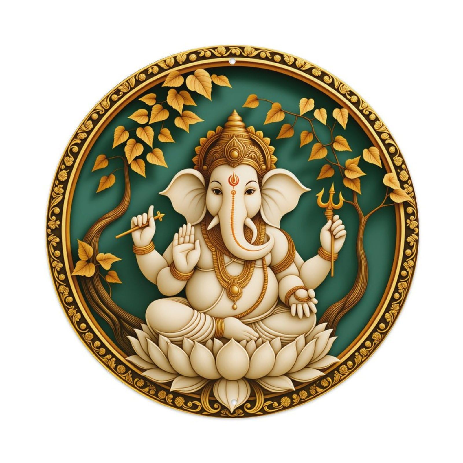 Ganesh Lotus Golden Leaves Round Tin Sign Vintage Style Metal Sign Home Bar Garden Wall Plaque Decor Metal Poster 8x8 Inch