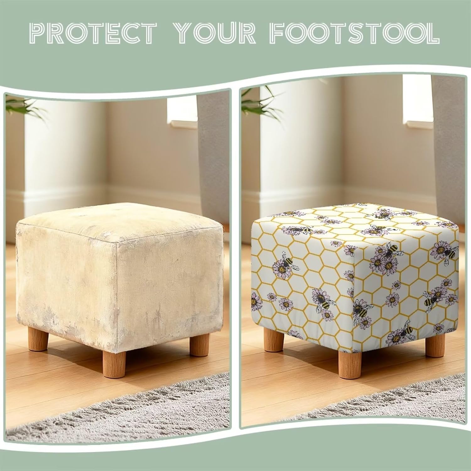 Daisy Honeycomb Bee Print Beige Stretch Ottoman Cover Square Ottoman Slipcovers Furniture Protector, Storage Stool Furniture Protector with Elastic Bottom for Foot Stool