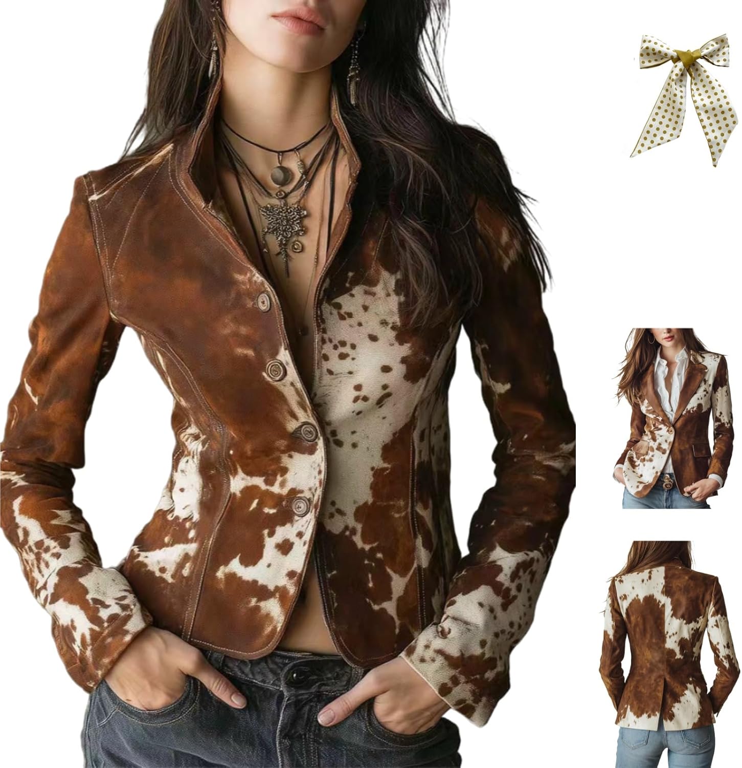 Womens Cow Print Blazer Jacket,Vintage Long Sleeve Single-Breasted Blazer,Stand-Up Collar Single-Breasted Cow Slim Fit Coat