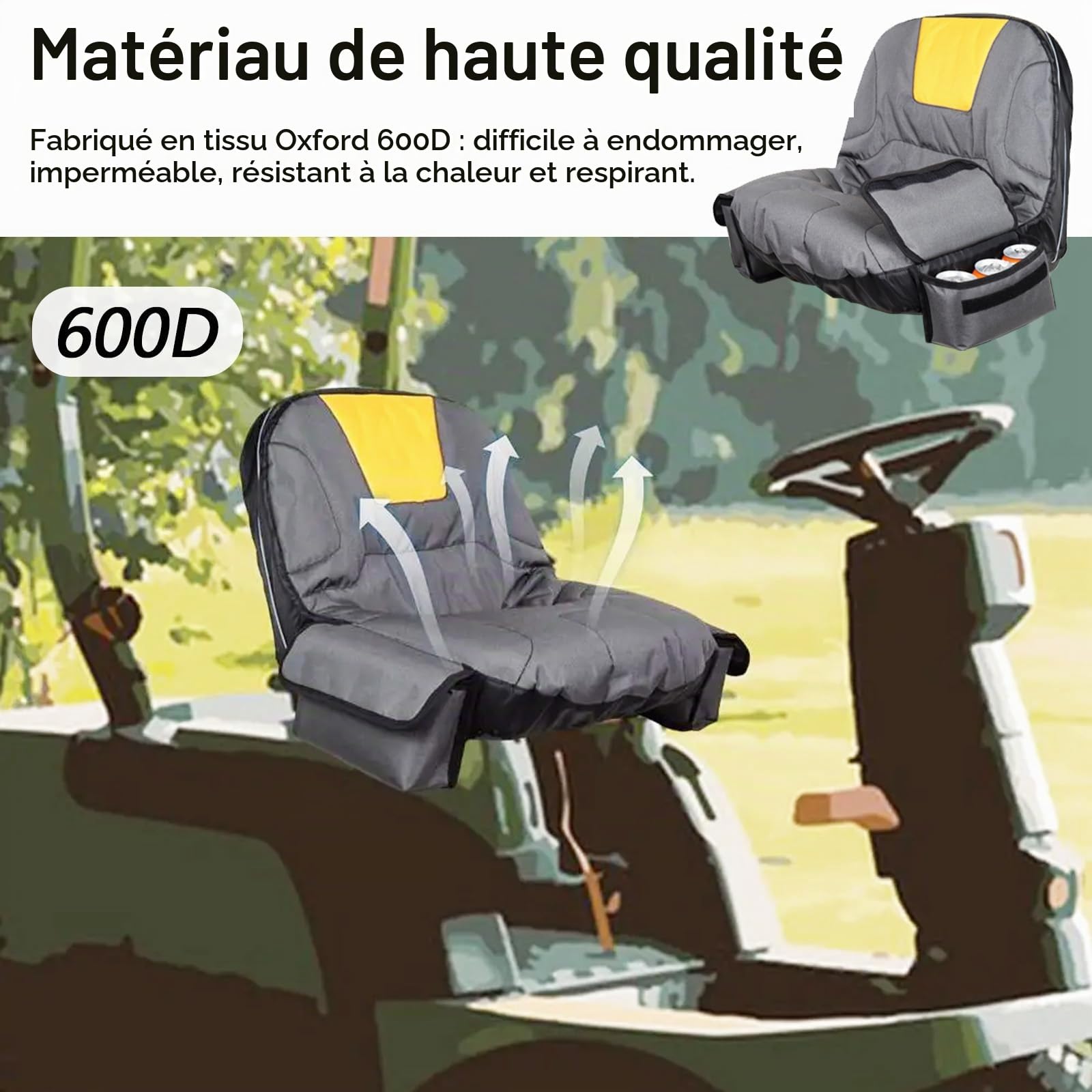 Housse De Siège De Tondeuse à Gazon, Housse De Siège pour Tracteur avec Sac à Boissons Housse De Protection De Siège De Tondeuse à Gazon en Tissu Oxford 600D Antidérapante Imperméable