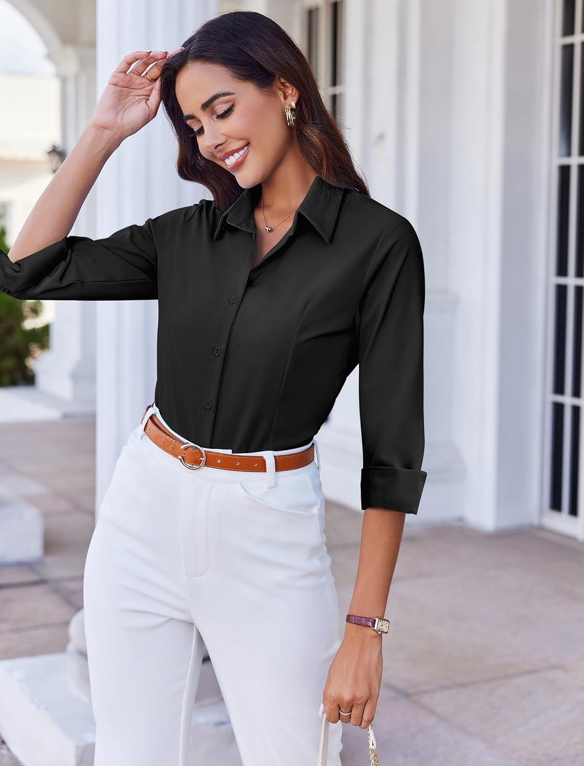 HOTOUCH Button Down Shirts for Women Long Sleeve Dress Shirt Restaurant Button-Up Shirt Slim Fitting Blouse XXL Black - Image 4