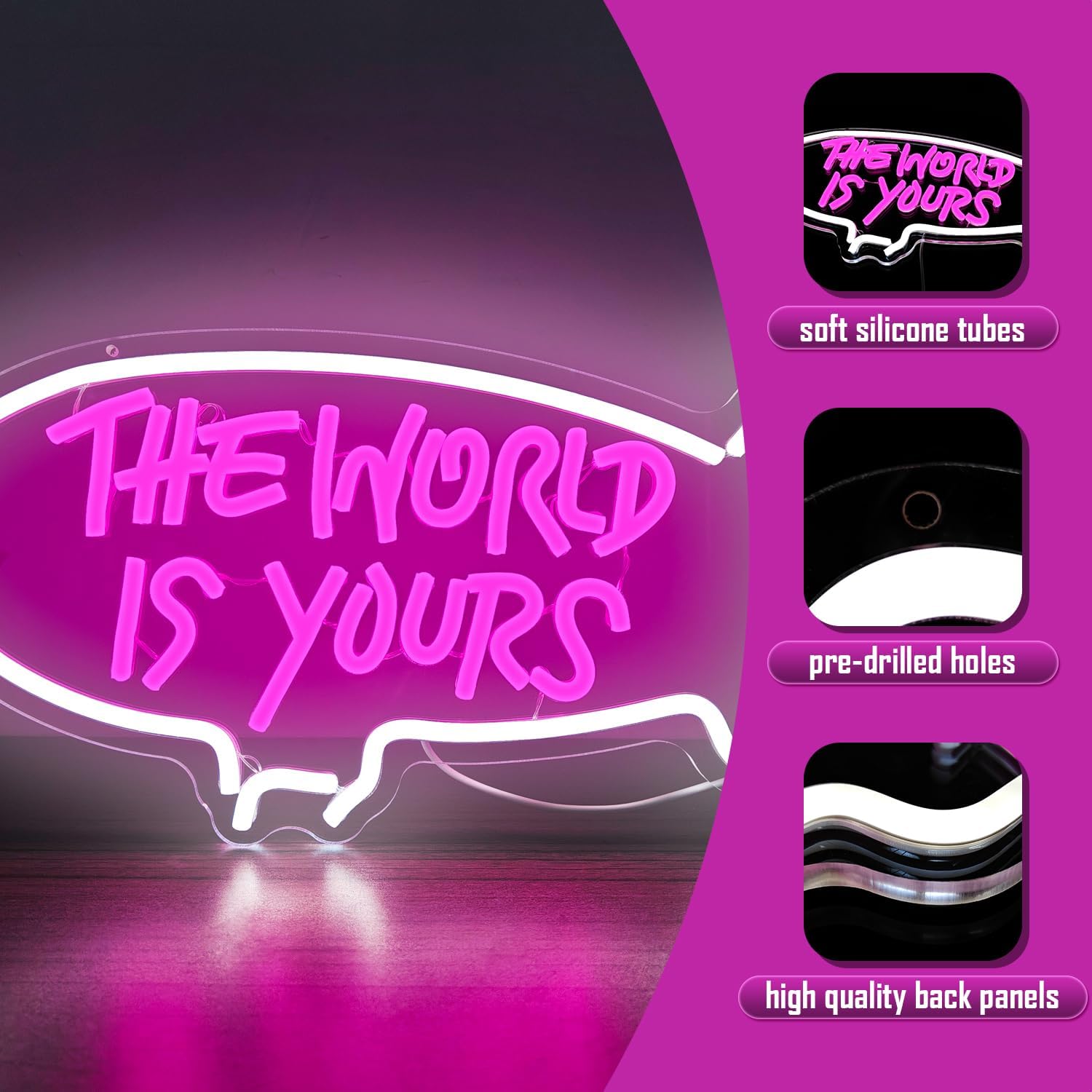 The World Is Yours Neon Signs for Wall Decor Dimmable Airship Led Neon Signs Light Up Signs for Bedroom Wedding Neon Lights Signs for Valentines Day Bar Club Decor Birthday Party Gift - Image 2