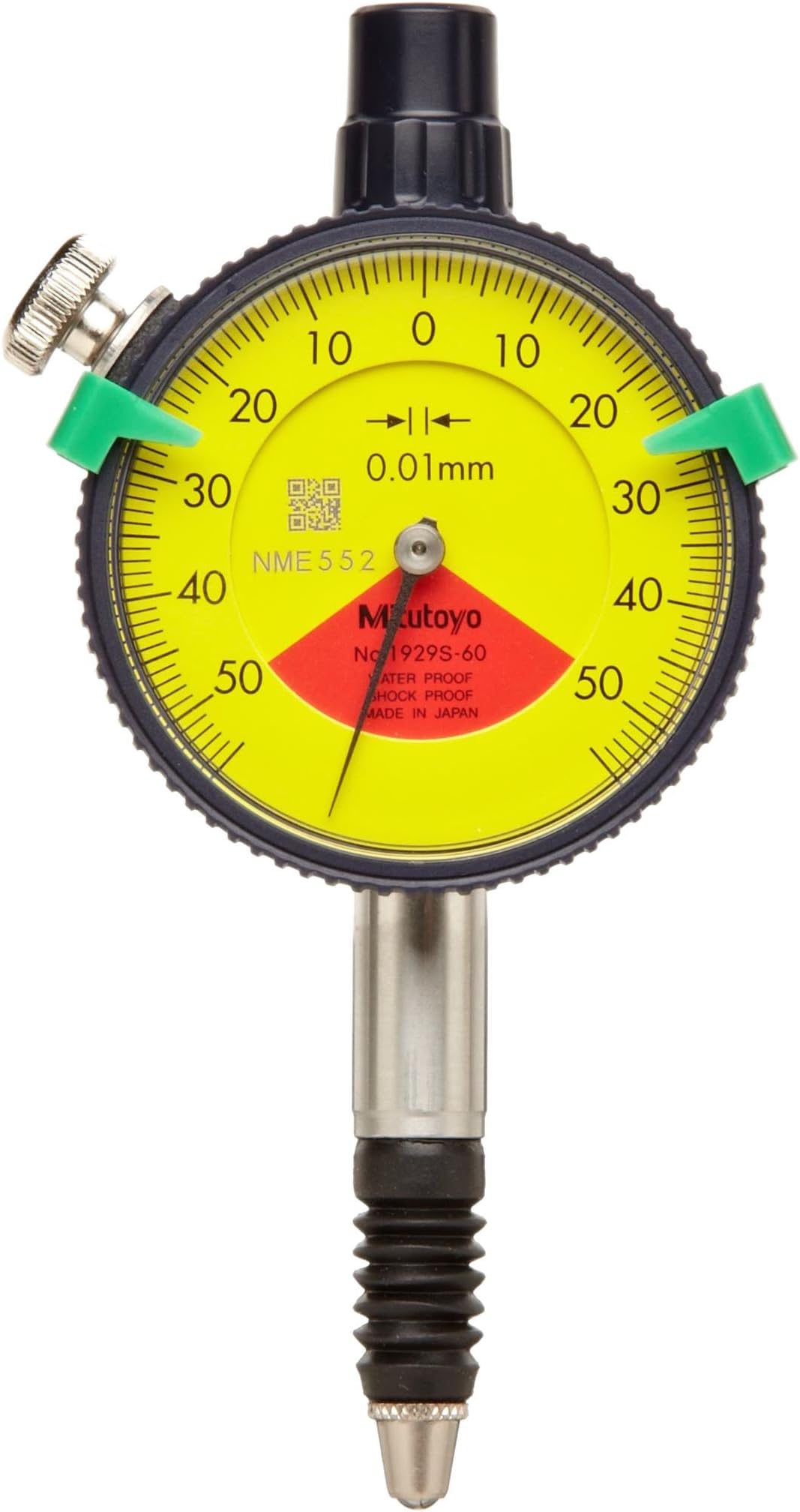 Mitutoyo 1929SB Dial Indicator, M2.5X0.45 Thread, 8mm Stem Dia, One Revolution Type, Flat Back, White Dial, 50-0-50 Reading, 41mm Dial Dia, 0-1mm Range, 0.01mm Graduation, -0.011mm Accuracy