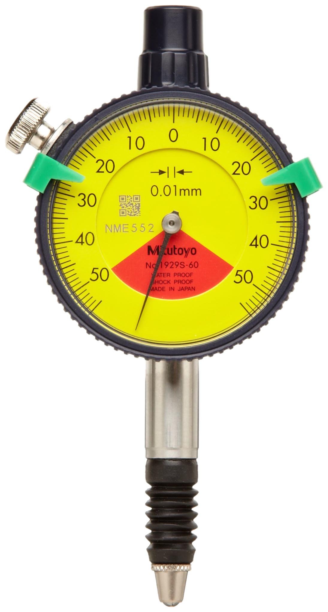 Mitutoyo 1929SB Dial Indicator, M2.5X0.45 Thread, 8mm Stem Dia, One Revolution Type, Flat Back, White Dial, 50-0-50 Reading, 41mm Dial Dia, 0-1mm Range, 0.01mm Graduation, -0.011mm Accuracy