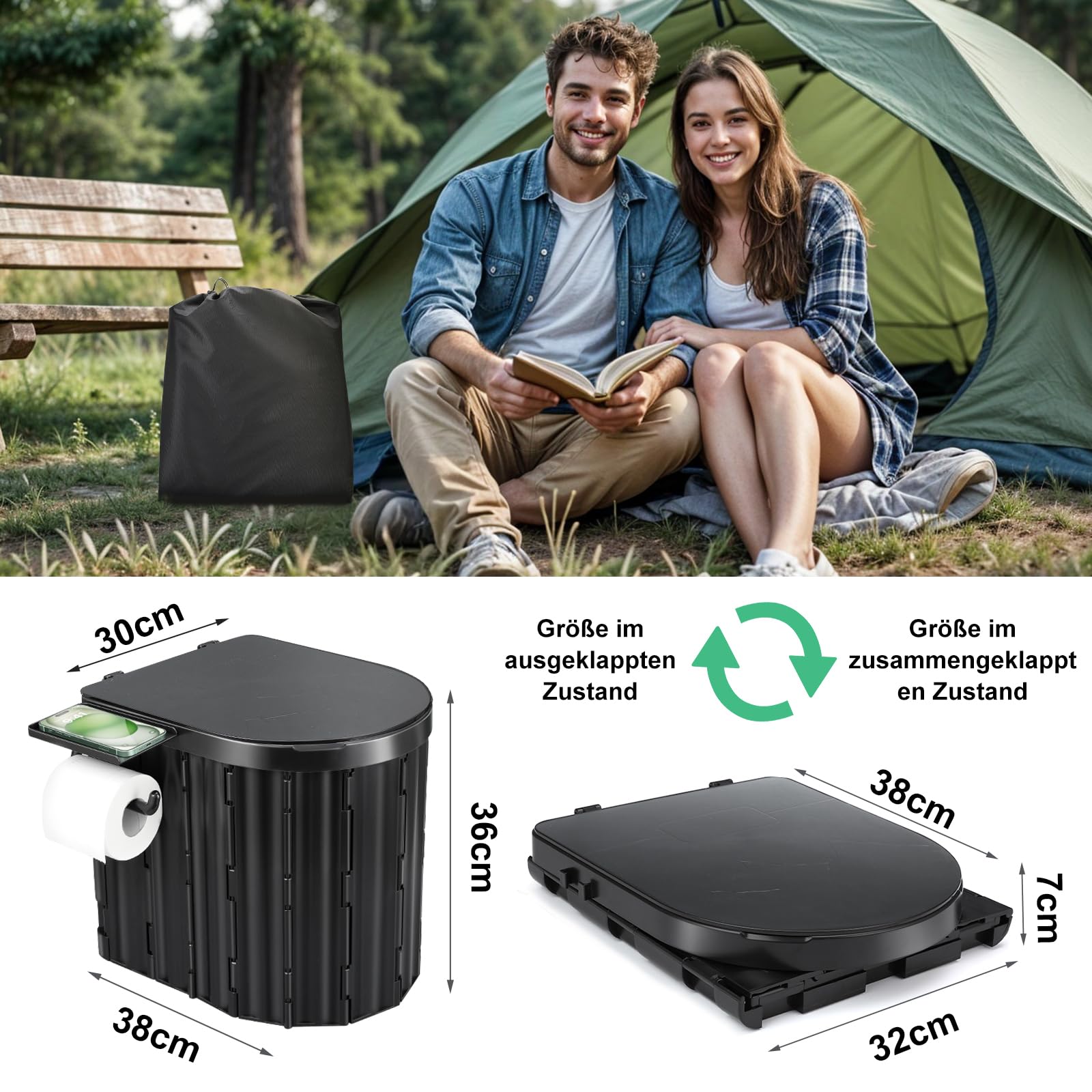 Faltbare Campingtoilette, Tragbare Toilette, Mobile Toilette für Drinnen und Draußen, Faltbare Autotoilette, Geeignet für Erwachsene und Kinder, Geeignet für Angeln, Zelte, Schlafzimmer und Strände