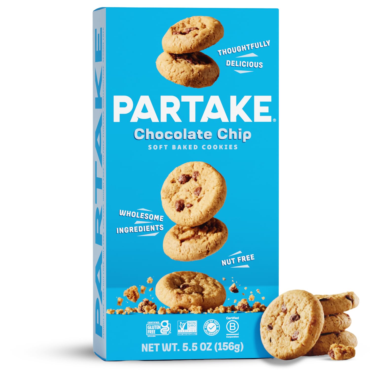 Gluten Free Partake Soft Baked Chocolate Chip Cookies - Vegan - Free From the Top 9 Allergens Including Dairy, Wheat, Soy, Eggs, & Peanuts - Non GMO - Safe School & Office Snack (1 Pack, 5.5oz Box)