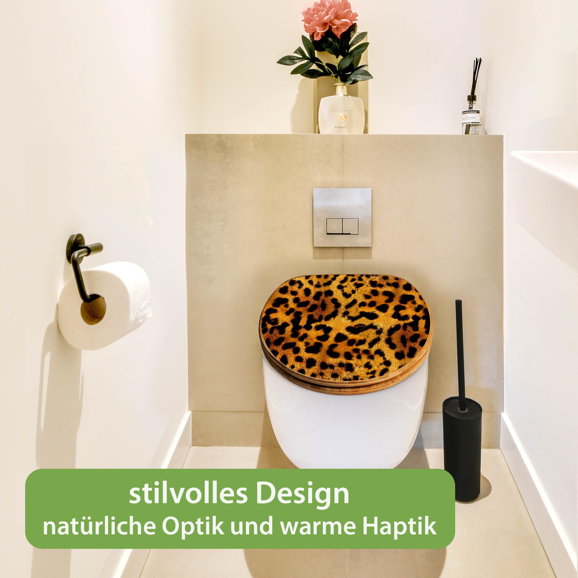banjado Design WC Sitz Bambus Absenkautomatik 45,8x37,5cm - Toilettendeckel mit Absenkautomatik Holz - hochwertiger Bambus Klodeckel - WC-Sitz für gängigen Toiletten - Motiv Leopard