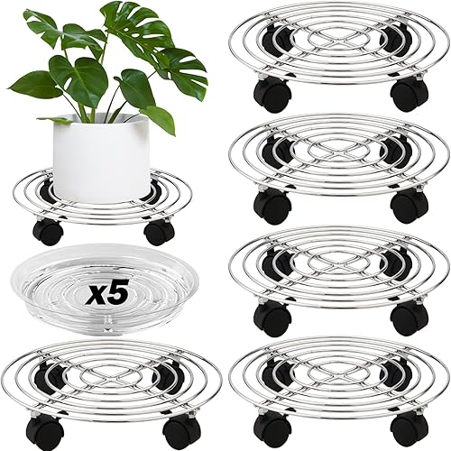 Paquete de 5 unidades de metal para plantas de 11.8 pulgadas con ruedas, soporte rodante de hierro forjado resistente con ruedas para interiores y