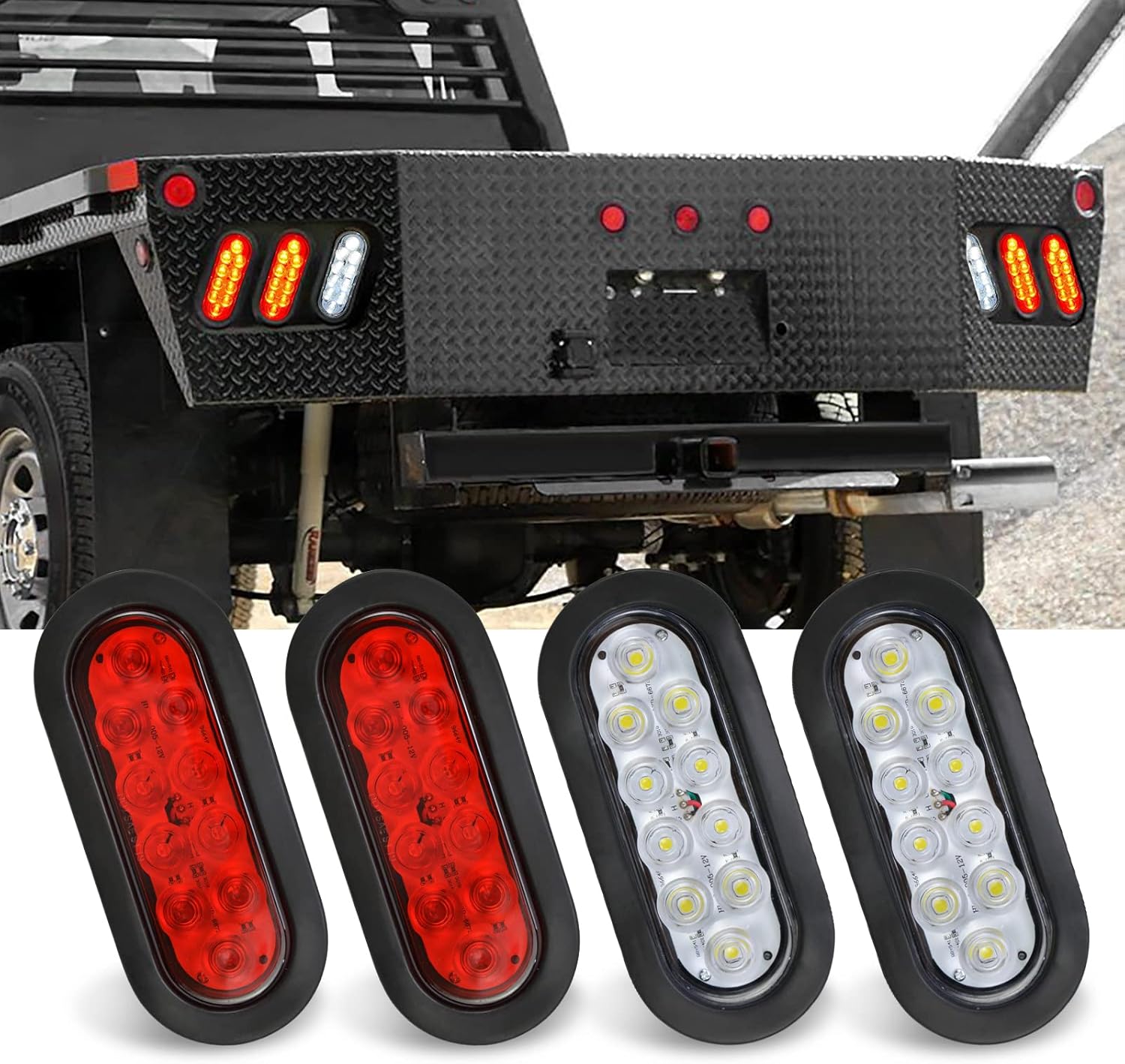 YOMTOVM 2 Red+2 White 6" Oval 10LED Trailer Tail Lights