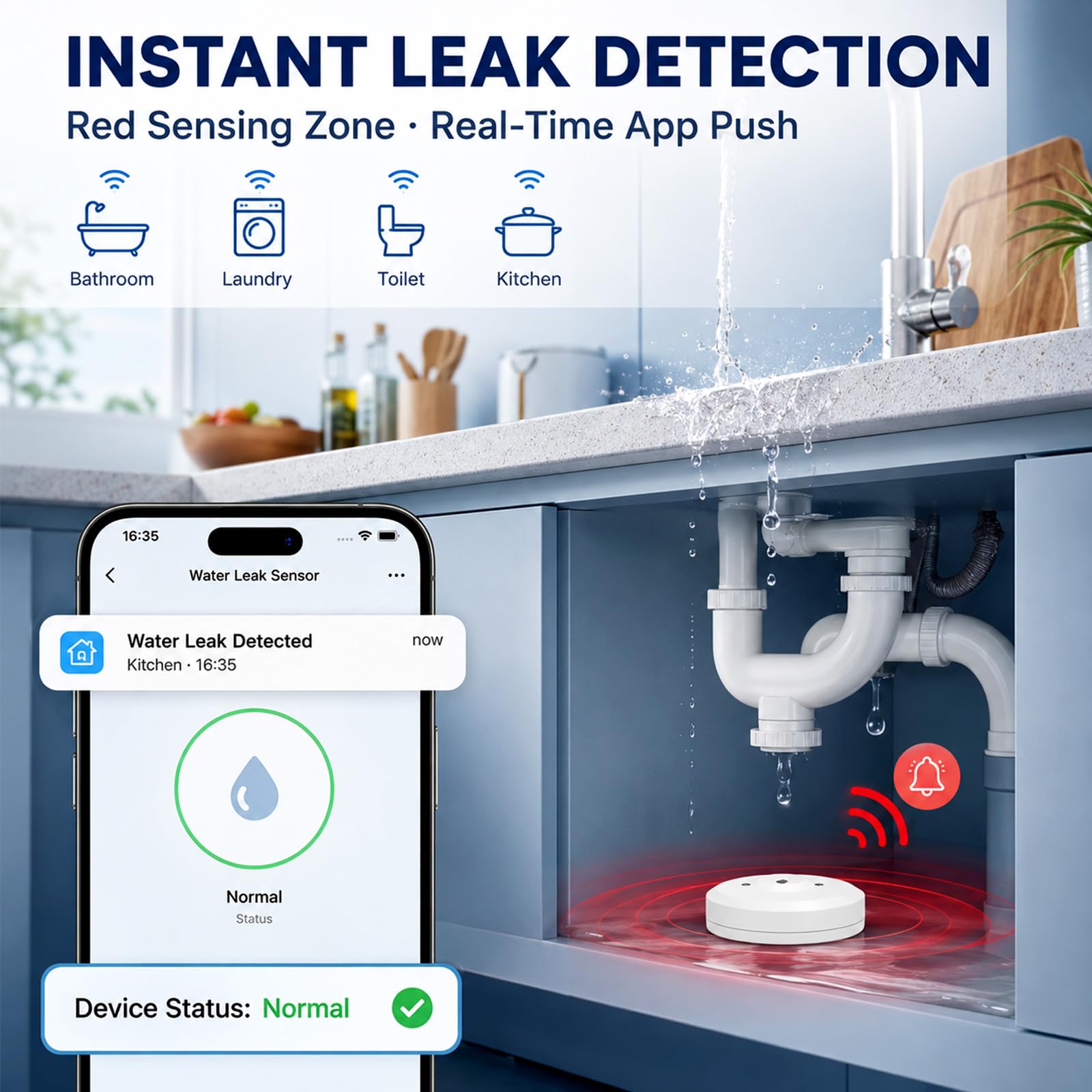 Lot de 4 détecteurs de fuites d'eau avec notification d'application, capteur intelligent Wi-Fi 2,4 G, étanchéité IP67, alimenté par piles, alerte de gel, pour cuisine, salle de bain, cave, compatible