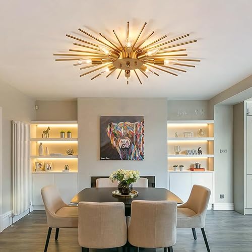 Miniatura 7 de ZGLAOJT Lámpara de techo semiempotrada de 8 luces, moderna iluminación de techo de metal, lámpara dorada para granja, cocina, comedor, dormitorio,