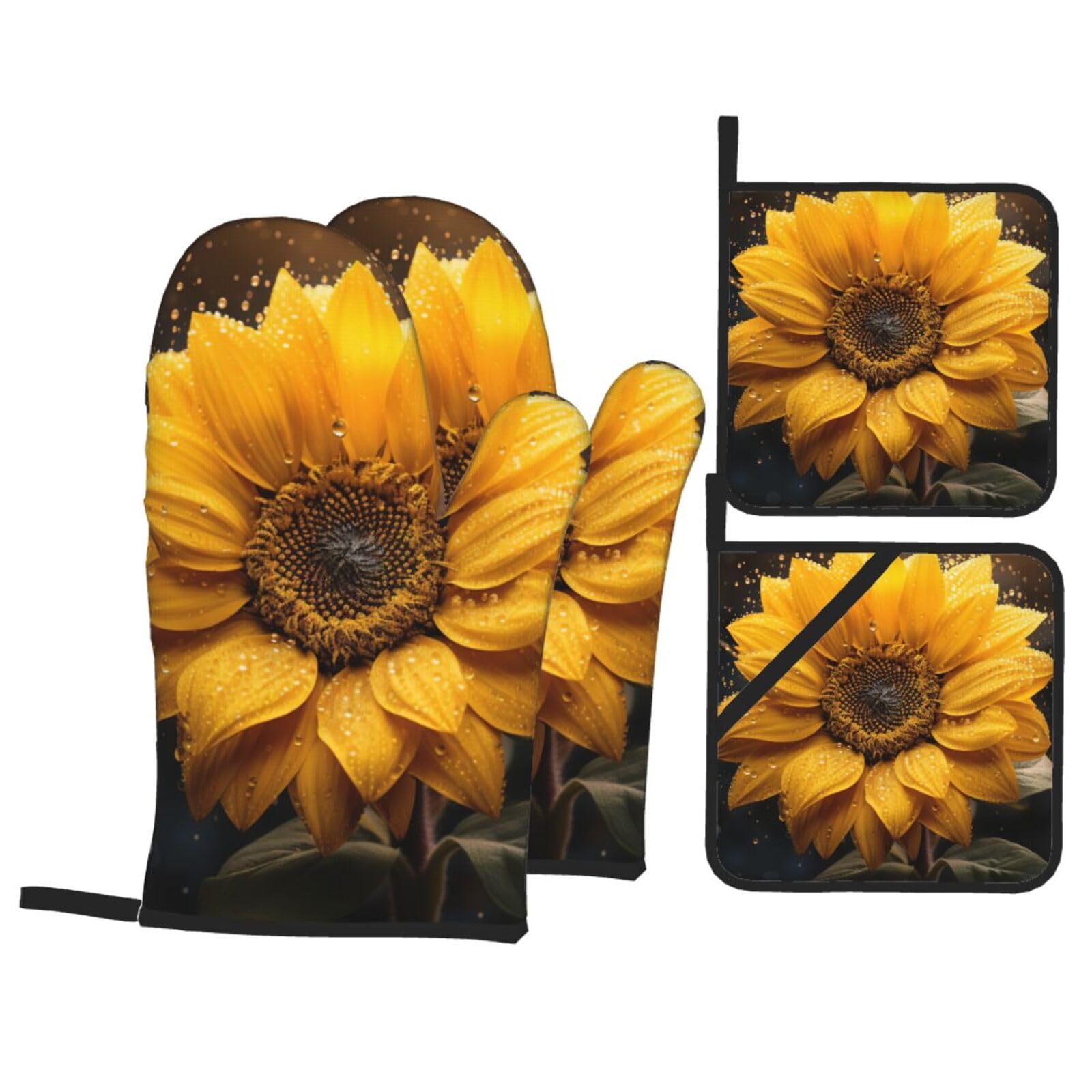 Beautiful sunflower 4 Print 4-Piece Oven Microwaving Set Waterproof Kitchen Gloves for Baking Grilling Cooking