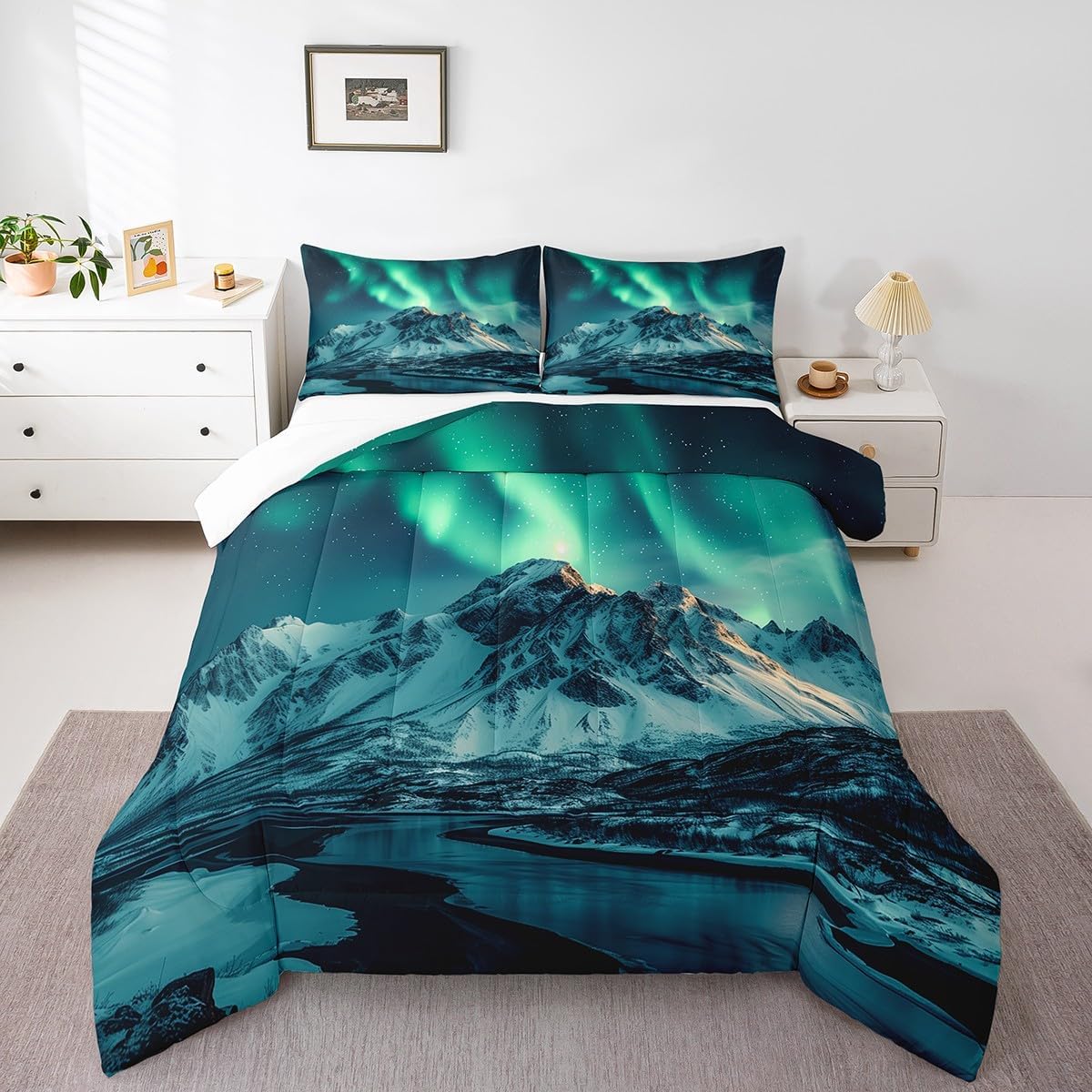 Erosebridal Aurora Borealis Bedding Northern Lights Comforter Set for Men Women Kids Aurora Snow Mountain Bedding Set Galaxy Colorful Square Comforter + 2 Pillow Cases, King 3 Piece