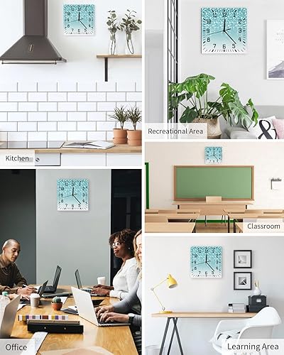 Miniatura 5 de Teal Green Ombre Florals Wooden Wall Clock Silent Non Ticking, Spring Flowers Falling Square Wall Clock Battery Operated, Decor Clock for Home