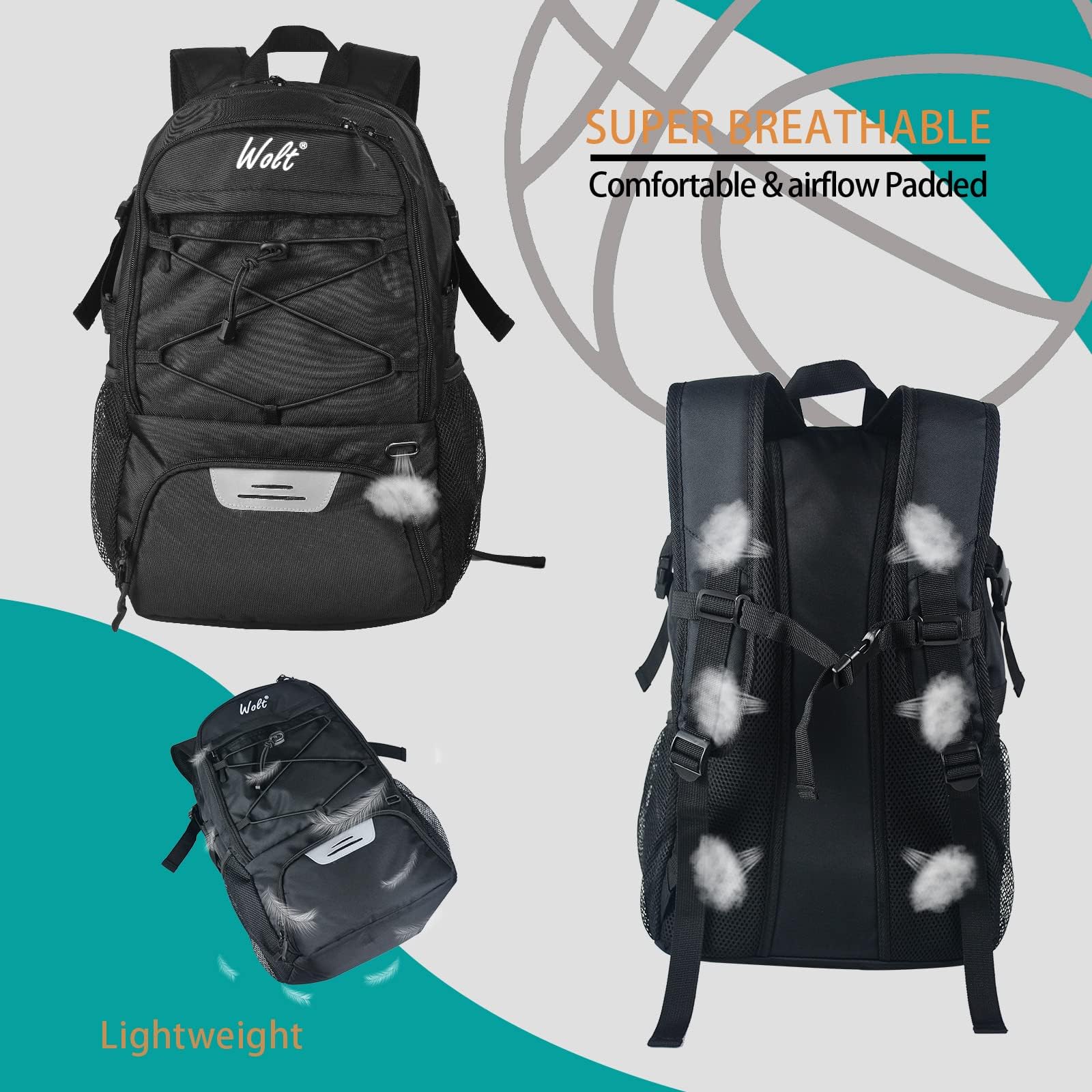 WOLT Bolsa de fútbol con portaequipajes Mochila de Baloncesto con Porta balones Mochila Deportiva con Bolsillo para Botella de Agua