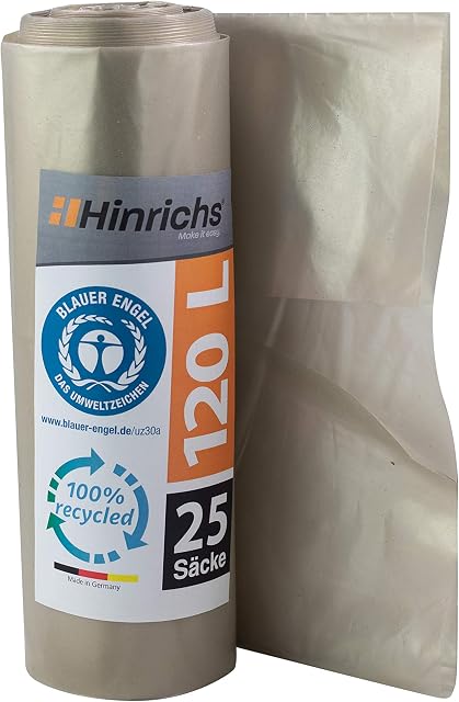 Hinrichs Worki na śmieci 120 l  bardzo odporne na rozerwanie  rolka 25 sztuk  worki na śmieci XXL  700 x 1100 mm  LDPE  idealne utylizacja śmieci do gospodarstwa domowego ogrodu  certyfikat Blauer Engel (przezroczysty)