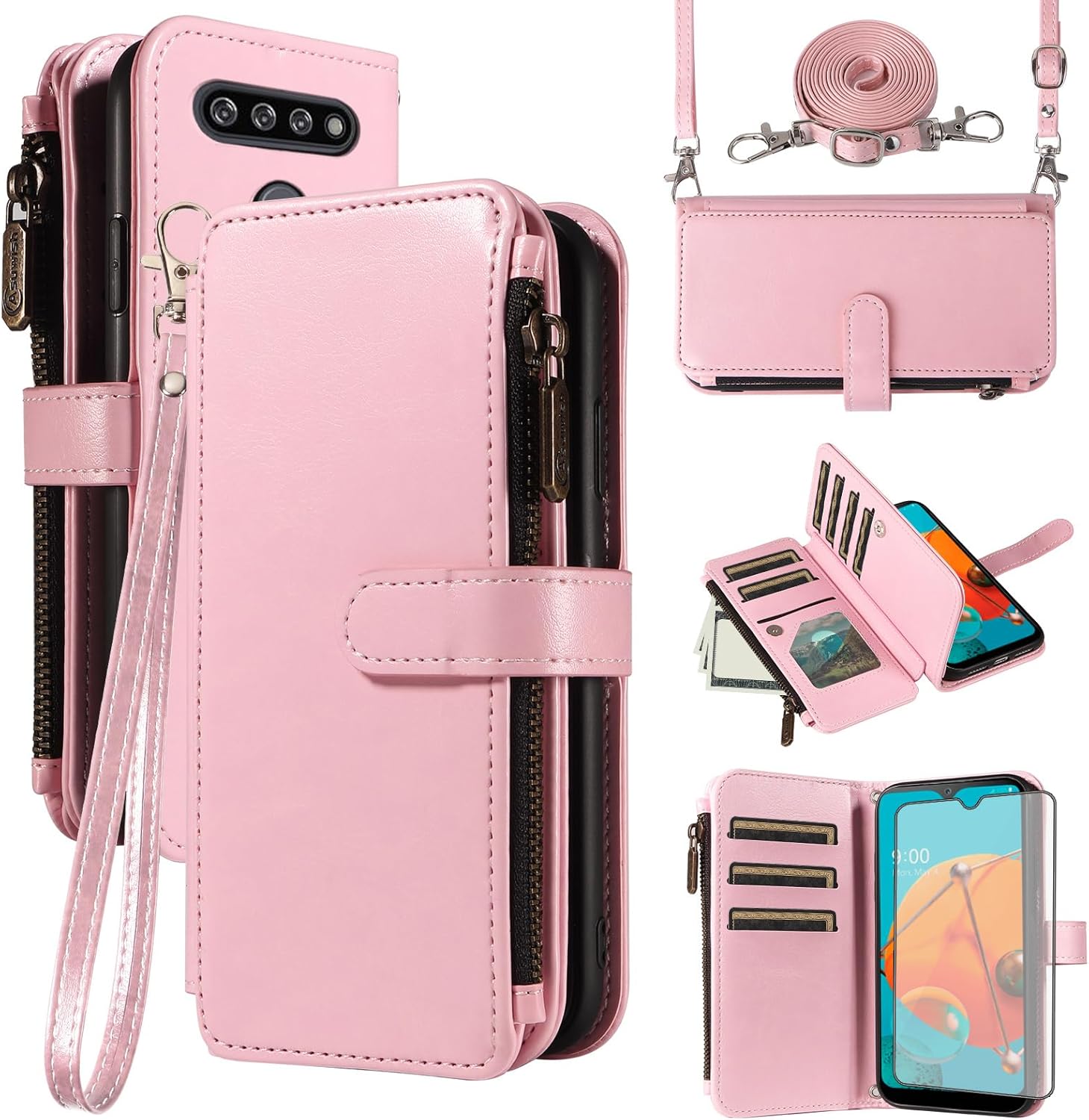 Asuwish Phone Case for LG K51/Reflect LTE/Q51 Cover with Screen Protector and Lanyard Zipper Wallet Card Holder Slot Stand Mobile Cell LGK51 K 51 51K L555DL 2020 LGK51Phone LG51Cases Women Men Pink