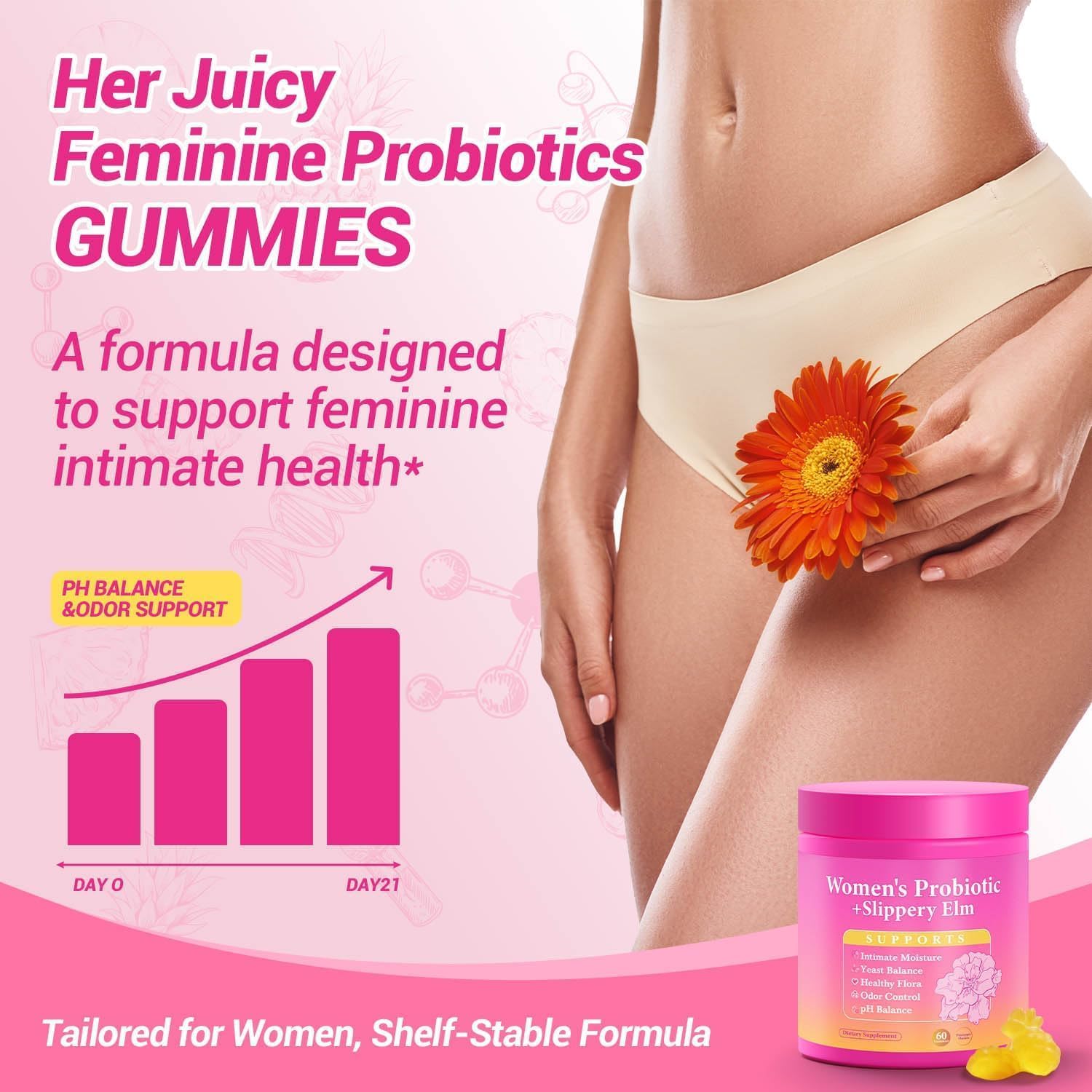 Her Juicy Feminine Probiotics Gummies, Premium Feminine Balance Gummies with Slippery Elm for Women's pH Balance, Healthy Odor, Flora and Immune Support – 60-Day Supply