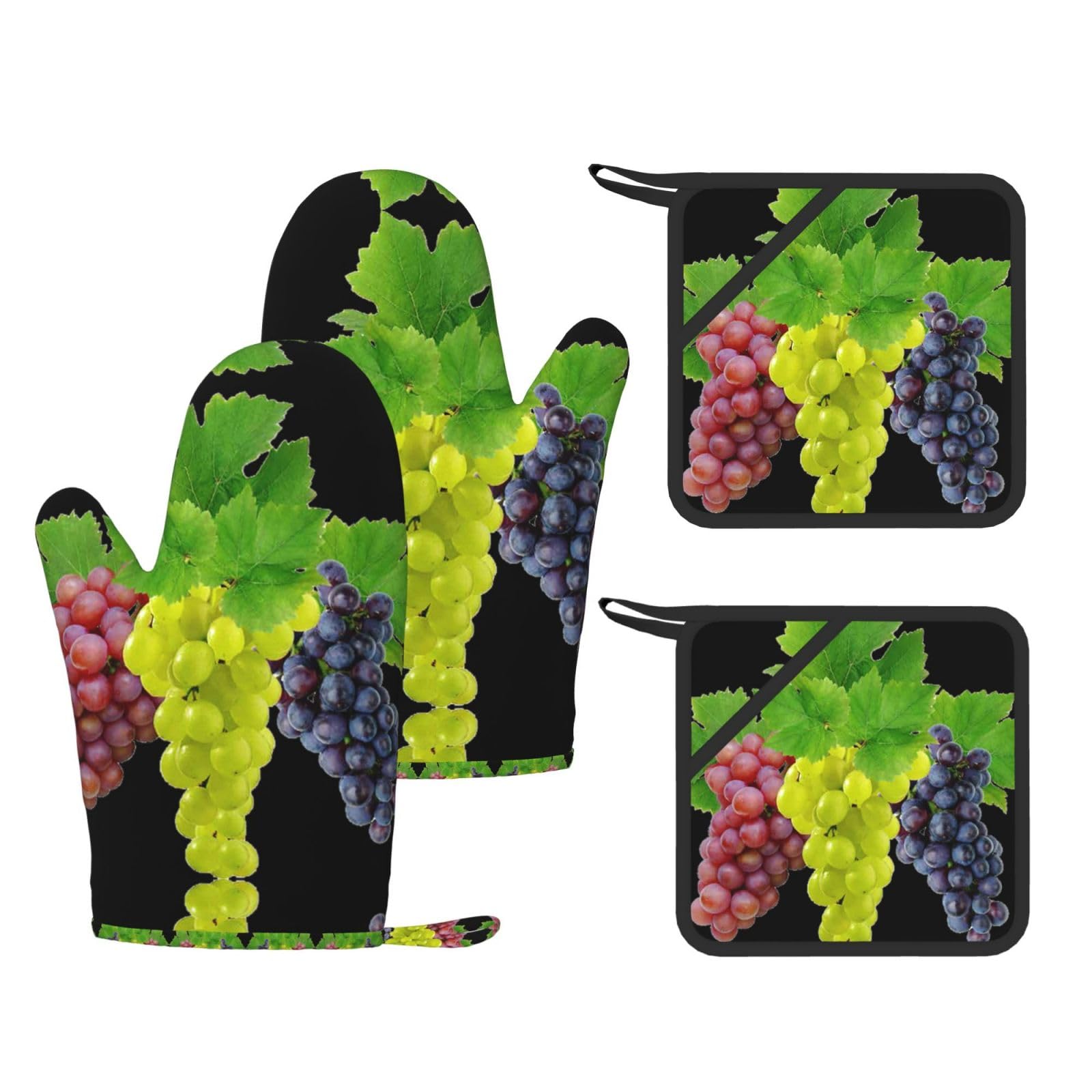 Eeprty Black Grape Printed Kitchen Oven Gloves And Potholder 4 Pcs, Non-Slip Heat Resistant Mitts For Baking Chef
