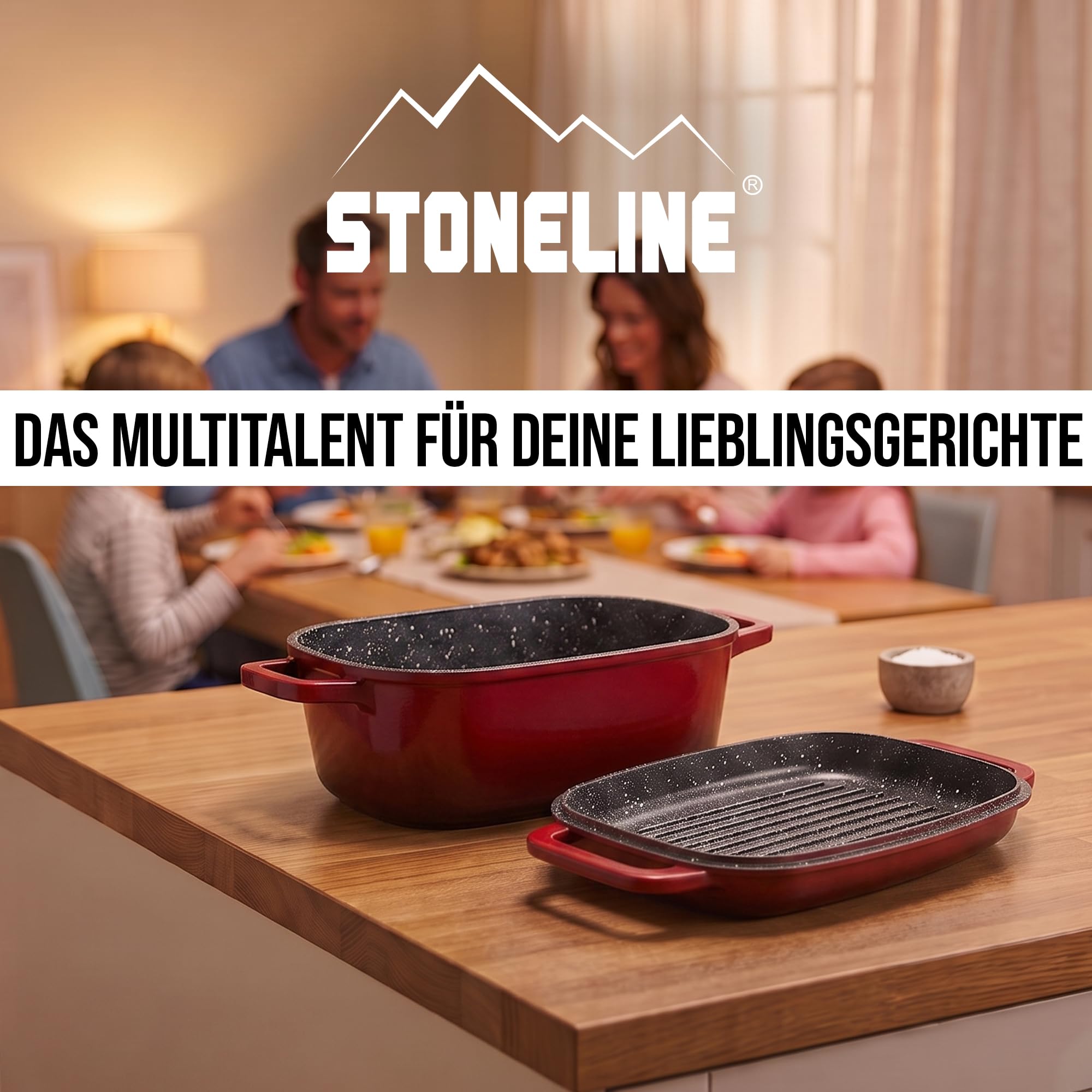 STONELINE Casseruola XXL 43x26 cm, Rostiera con Coperchio in Alluminio Pressofuso a Induzione, Coperchio utilizzabile come Stampo, Rivestimento Antiaderente con Vere Particelle di Pietra, Rosso