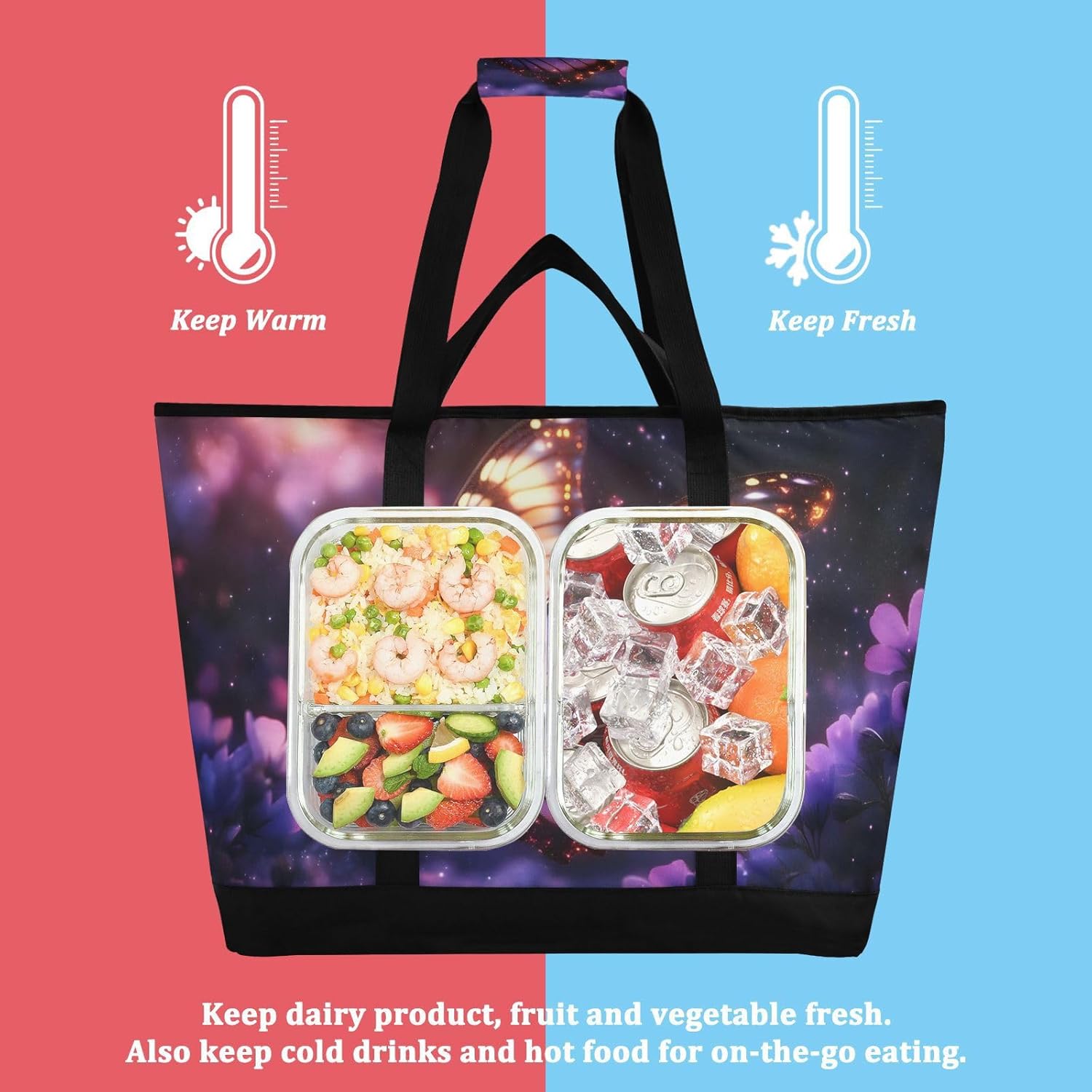 Butterfly Fly Purple Large Insulated Tote Bag for Grocery Shopping Reusable Tote Bags for Women Men, Cooler Bag with Zippered Top & Handles for Beach Picnic Travel